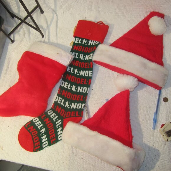 VINTAGE CHRISTMAS DECOR ITEMS, 2 STOCKING 2 SANTA HATS - Picture 6 of 6